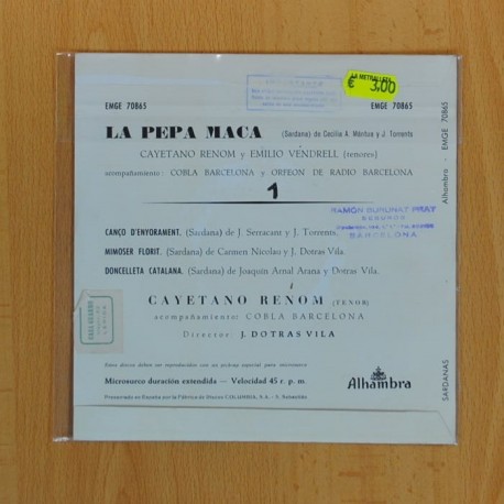 EMILIO VENDRELL / CAYETANO RENOM - CANÃO D'ENYORAMENT + 3 - EP