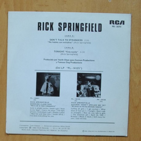 RICK SPRINGFIELD - DONT TALK TO STRANGERS / TONIGHT - SINGLE