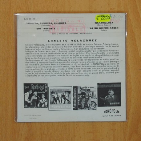 ERNESTO VELAZQUEZ - CHIQUITA CHIQUITA CHIQUITA + 3 - EP [DISCO DE VINILO]