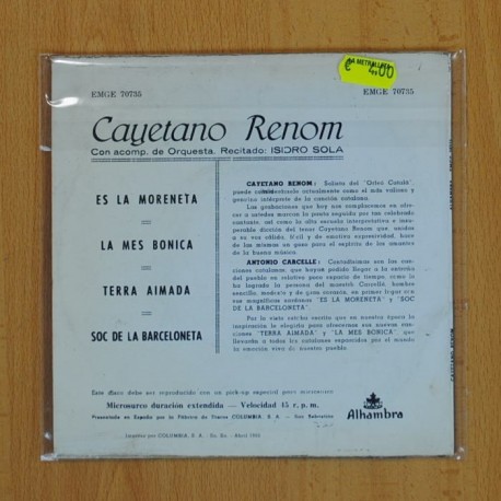 CAYETANO RENOM - ES LA MORENETA + 3 - EP
